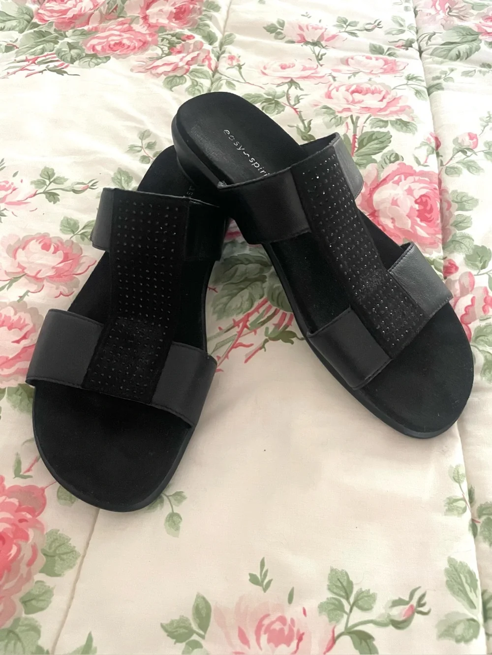 Easy Spirit Slide Sehaddie Black Leather w Rhinestone Wedge Sandals Sz 8 - Picture 1 of 6